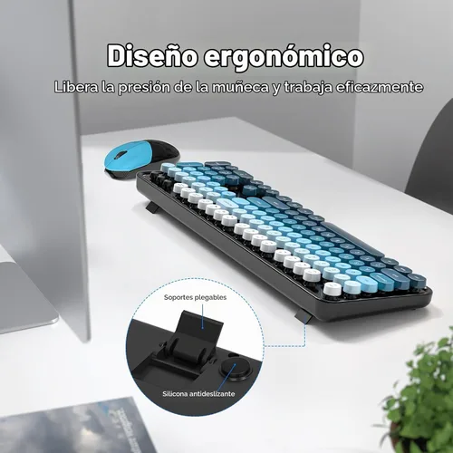 Vista 3 de MOWUX Combo de teclado y mouse inalámbricos, máquina de escribir de tamaño completo, teclado de computadora redondo retro, lindo mouse óptico, 2.4G