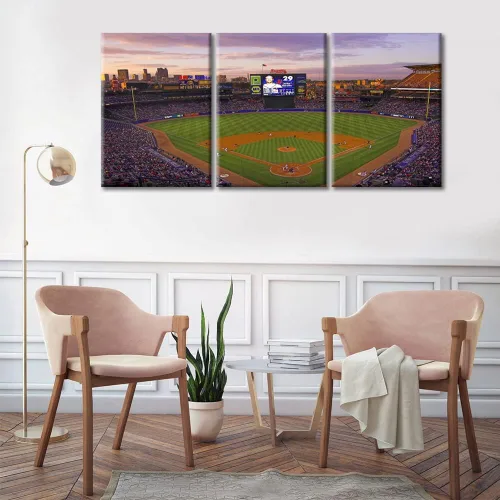 Vista 2 de TUMOVO American Major Baseball - Lienzo decorativo para pared, diseño de estadio de los Bravos, 3 piezas, arte de pared de Filadelfia, cuadros