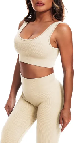 Vista 3 de YUMSUN Conjunto de entrenamiento para mujer, 2 piezas, sin costuras, acanalado, camiseta sin mangas, deportes, gimnasio, cintura alta, correr, yoga