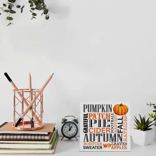 Vista 3 de Cartel de madera de otoño para decoración del hogar, letrero cuadrado de madera de otoño, decoración de escritorio, tema de otoño, bloque de madera