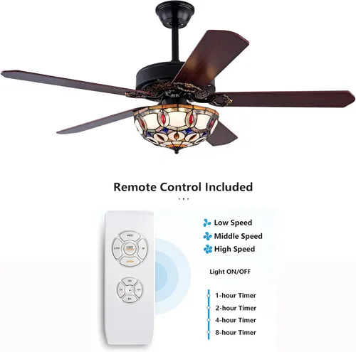 Vista 5 de Ventilador de techo Tiffany de 52 pulgadas con luces y control remoto, ventiladores de techo tradicionales de madera de perfil bajo, ventilador