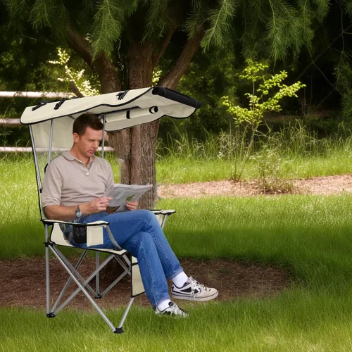 Vista 7 de PLKO Sillas de camping con toldo, silla de césped portátil cuádruple para adultos, silla reclinable plegable con portavasos para eventos al aire