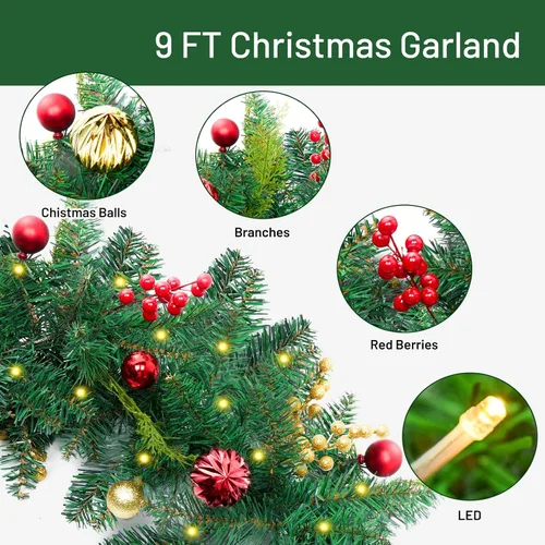 Vista 3 de Guirnalda de Navidad de 6 pies con luces, guirnalda iluminada a pilas con conos de pino, ramas exuberantes de bayas rojas, 50 luces LED, 8 modos