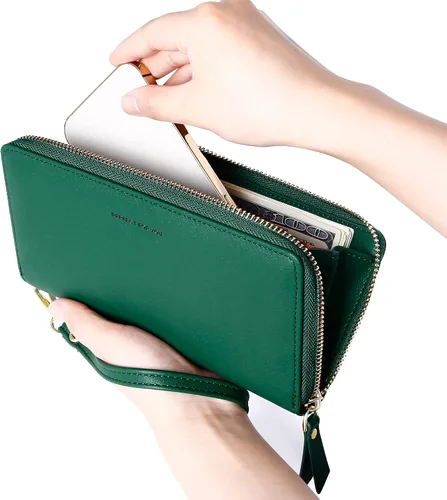 Vista 5 de Badiya Cartera para mujer con bloqueo RFID, soporte para tarjetas de crédito, de gran capacidad, con cierre de cuero, con cremallera alrededor