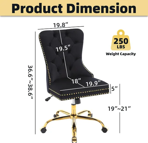 Vista 10 de ABET - Silla giratoria de terciopelo para escritorio, respaldo alto copetudo, sin brazos dorados, color negro