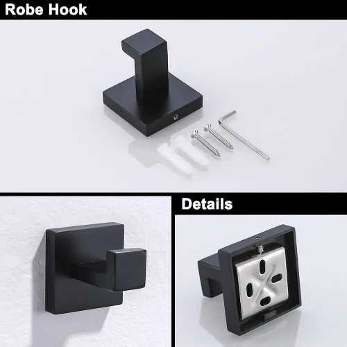 Vista 3 de TURS Juego de 3 toalleros negros con anillo para toallas, gancho para toallas de baño, de acero inoxidable, montaje en pared.