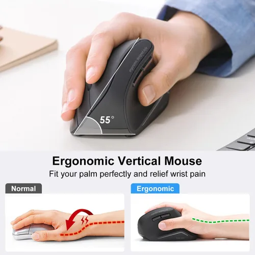 Vista 2 de SANWA - Ratón ergonómico inalámbrico 2.4G, mouse vertical de clic silencioso, 3 botones programables, 800-1600 DPI, mouse Ergo inalámbrico para Negro