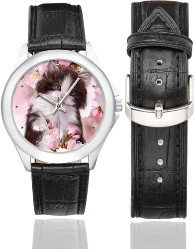 Vista 2 de InterestPrint Funny Cat - Reloj clásico de acero inoxidable con correa de cuero para mujer, color negro