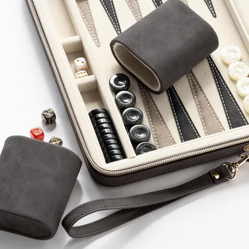 Vista 4 de Juegos de backgammon para adultos y niños, tablero clásico de backgammon con dados de damas únicos, funda plegable de cuero sintético para Negro