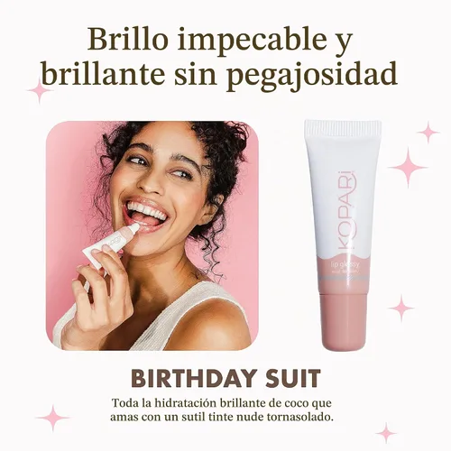 Vista 3 de Kopari Coconut Lip Glossy Birthday Suit - Aceite de coco hidratante y humectante, vitamina E y manteca de karité, brillo labial con aceite de coco