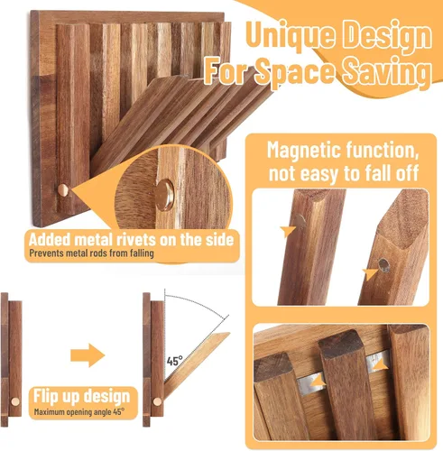 Vista 8 de Pequeño Perchero para Apartamento: 10.4 Pulgadas de Madera Rústica con 6 Ganchos de Pared Montable Retractable para Espacios Estrechos, Entrada