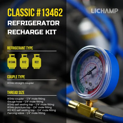 Vista 4 de Lichamp A/C R134A - Kit de recarga de freón para refrigerador con válvula de perforación de bala, perforación y autosellado 134A