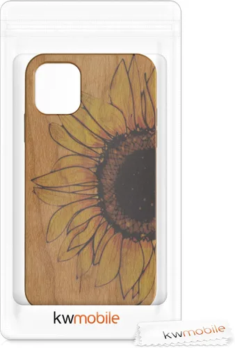Vista 6 de kwmobile Funda de madera compatible con Apple iPhone 11, diseño de girasol, amarillo y marrón oscuro, marrón claro