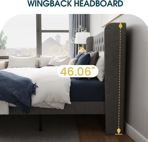 Vista 4 de WEEWAY Base de cama tapizada tamaño Queen con cabecera copetuda con respaldo de alas, plataforma moderna con soporte de listones de madera, fácil