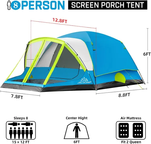 Vista 2 de JELUCAMP Tienda de campaña familiar grande impermeable para 6/8 personas para camping, tienda de campaña con porche con mosquitero, relajación sin