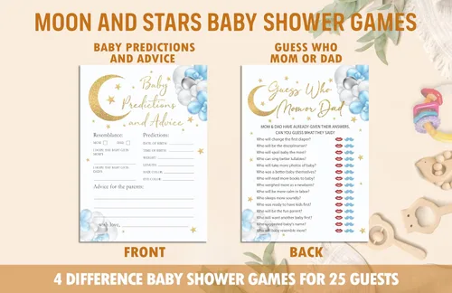 Vista 3 de Moon Stars - Juego de juegos para baby shower, 4 juegos que incluye trivias, peleas de baby shower, predicciones y consejos, encuentra quién mamá