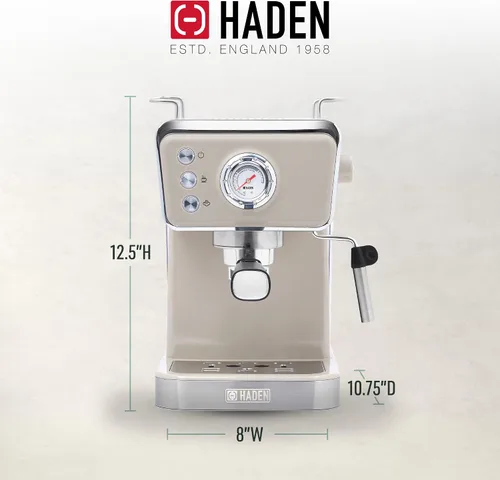 Vista 4 de HADEN Barista Brew - Cafetera de café expreso, de acero inoxidable con espumador de leche y vaporizador y tanque de agua de 1.5 L, masilla y cobre