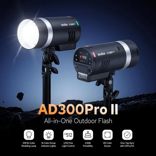 Vista 3 de Godox AD300 Pro II AD300Pro II - Estroboscópico flash para exteriores, 300 Ws 2.4G TTL 1/8000 HSS, 0.01-1.5s Reciclaje, 350 destellos de potencia