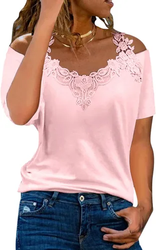 Vista 3 de Blusa de manga corta con cuello en V y hombros descubiertos para mujer, estilo casual, holgada, con hombros descubiertos, Negro