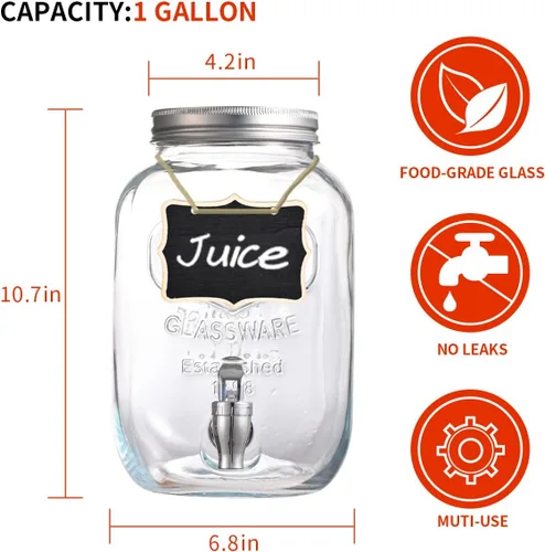Vista 2 de Eleganttime Dispensadores de bebidas de vidrio de 1 galón para fiestas, paquete de 2 dispensadores de bebidas con infusor de frutas, dispensador