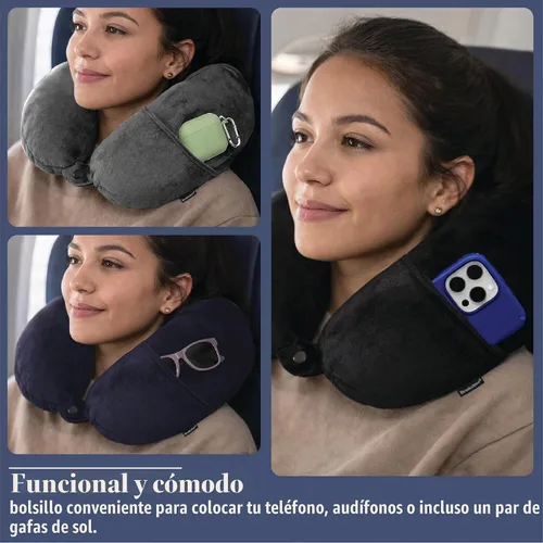 Vista 4 de Brookstone - Almohada de viaje suave con microcuentas para el cuello con bolsillo para teléfono