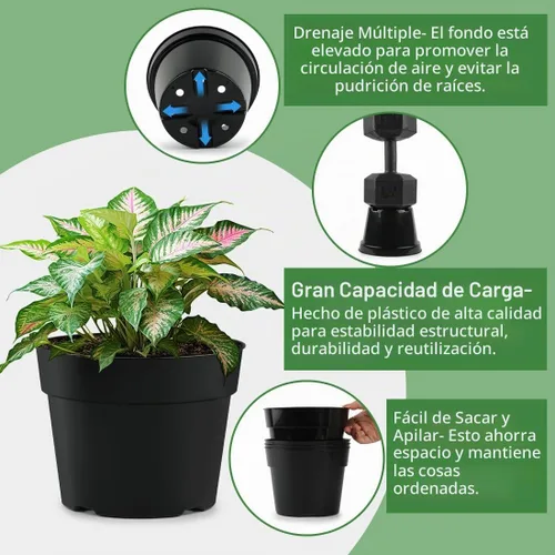 Vista 4 de Macetas de plástico negro RooTrimmer de 4/6/8 pulgadas, paquete de 15, plástico engrosado con agujeros de drenaje, para interior/exterior