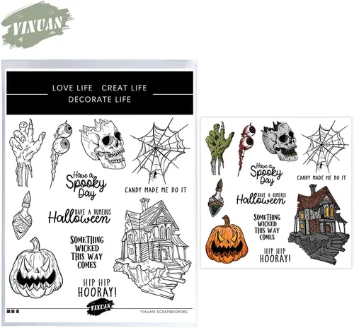 Vista 3 de Juego de sellos transparentes espeluznantes y troqueles de corte de metal con diseño de calavera de calabaza de Halloween con paquete de caja