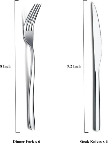 Vista 2 de Juego de cuchillos para carne, 12 piezas, acero inoxidable de alta calidad, 6 tenedores y 6 cuchillos de cena, cuchillos de carne para 6 personas