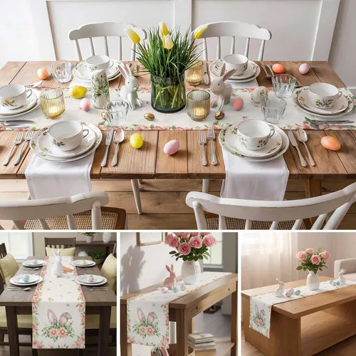 Vista 7 de Camino de mesa de Pascua de 36 pulgadas con orejas de conejo para decoración de mesa de cocina y comedor con flores de primavera