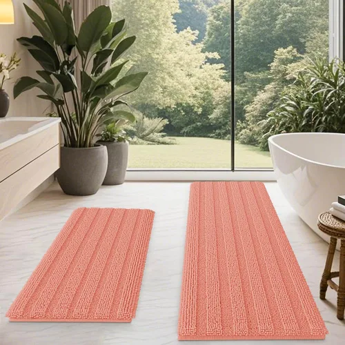 Vista 7 de ACCUMTEK - Juego de alfombras de baño a rayas beige de 3 piezas, ultrasuaves, antideslizantes de chenilla, alfombras de baño mullidas y absorbentes