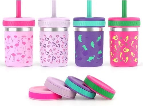 Vista 11 de Sursip Vasos para niños pequeños con tapas y pajitas, vaso de acero inoxidable a prueba de derrames, para beber, batidos, aperitivos, leche sin BPA