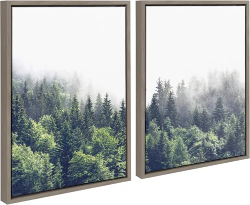 Vista 2 de Kate and Laurel Sylvie Lush Green Forest on a Foggy Day - Juego de arte de pared en lienzo enmarcado a la izquierda y a la derecha por The Creative