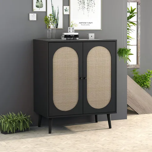 Vista 7 de Aparador de buffet, armario de almacenamiento de cocina con puertas decoradas de ratán, mesa de consola de 4 puertas, armarios de buffet