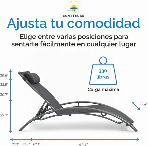 Vista 2 de ComfySure Juego de 2 sillas de aluminio reclinables de textileno de 4 posiciones con almohada y reposabrazos, apilables, resistentes a los rayos UV