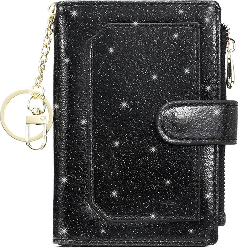 Vista 9 de Carteras para mujer RFID pequeñas y compactas de cuero con doble pliegue, con bolsillo con cremallera, medio, Compacto Purpurina púrpura claro