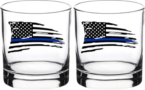 Vista 5 de Rogue River Tactical Tattered Thin Blue Line Old Fashioned Whisky Glass Beber Taza Regalo Para Policía Oficial De Policía