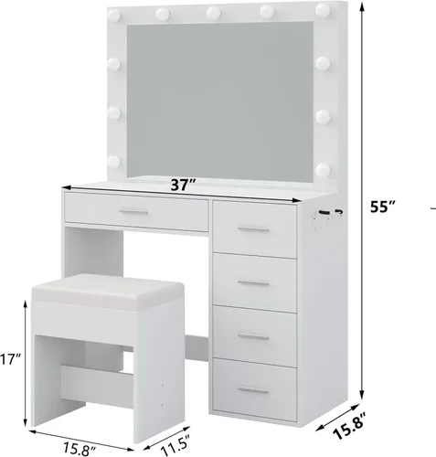 Vista 2 de FUSOU Escritorio de tocador de 37 pulgadas con espejo y luces LED, tocador de maquillaje con toma de corriente y USB, 3 modos de iluminación