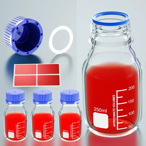 Vista 6 de GL25 - Botellas redondas de almacenamiento de medios de 0.8 fl oz con tapa de rosca azul GL25, anillo de vertido de PP y junta de silicona
