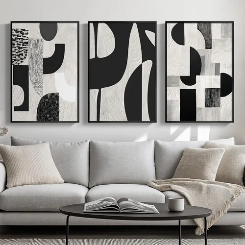 Vista 28 de Arte de pared abstracto moderno enmarcado en blanco y negro, 3 piezas de impresiones en lienzo pinturas obras de arte para paredes, cuadros Negro