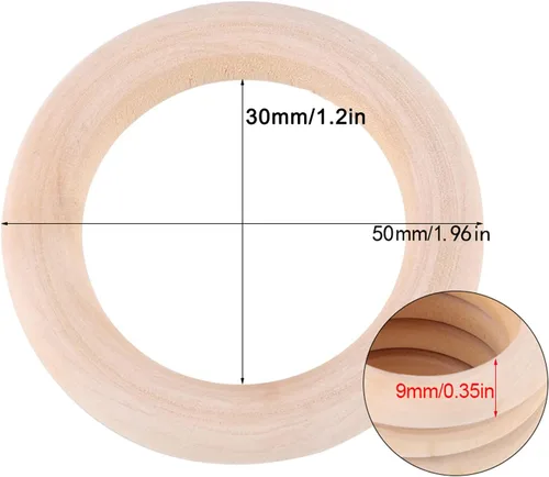 Vista 2 de 50 piezas de madera para manualidades, anillos de dentición de madera sin terminar, anillos de madera, aros de madera para manualidades