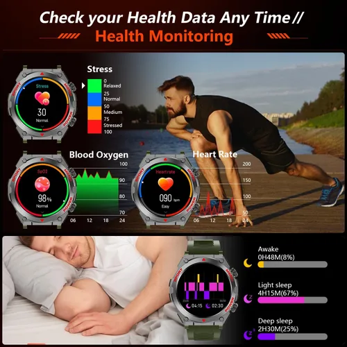 Vista 4 de Reloj inteligente militar para hombre con preguntas y respuestas AI (respuesta/hacer llamadas/respuesta SMS), reloj inteligente HD de 1.52 pulgadas
