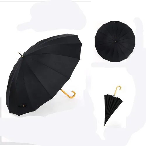 Vista 2 de ThreeH Paraguas negro de bambú para lluvia auto abierto color sólido de moda y simple 190T 16 costillas, KS08