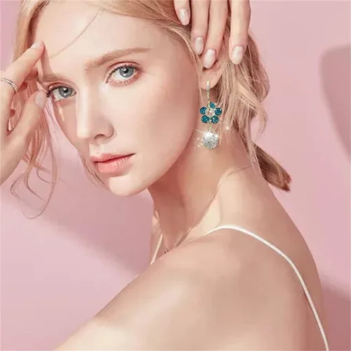 Vista 2 de Aretes de flores azules de calidad, diseño especial, aretes de gota de agua, aretes de flores de calidad, aretes retro extranjeros únicos, aretes