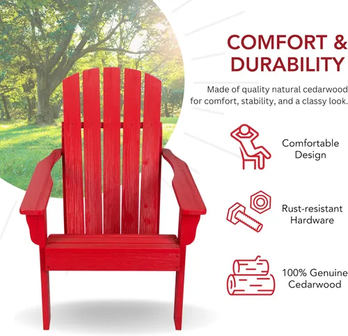 Vista 4 de Shine Company Silla Adirondack de madera moderna Mid-Century para patio al aire libre, respaldo y asiento premontado, rojo chile