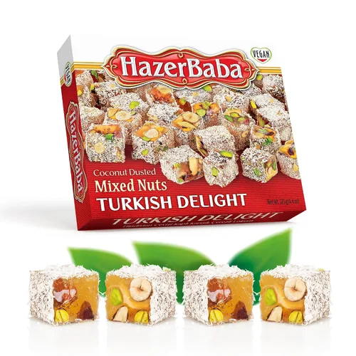 Vista 16 de Hazer Baba Delicias Turcas, Caja de bocadillos gourmet con nueces mixtas y sabor a vainilla, bocadillo tradicional vegano, Lokum turco, dulces