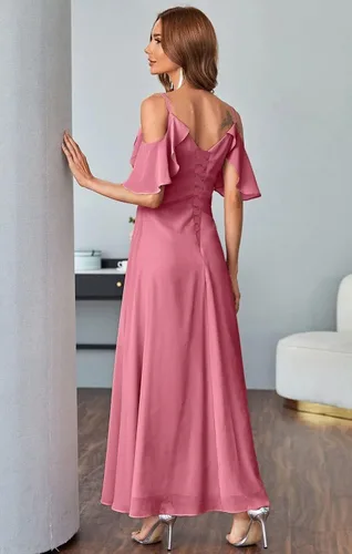Vista 2 de V-Neck Bridesmaid Dresses with Pockets A-Line Long Chiffon Formal Party Dresses with Slit HY016