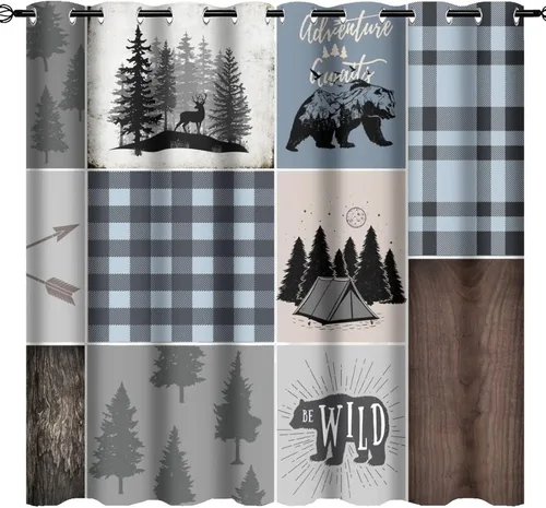 Vista 17 de Cortinas opacas rústicas de cabaña con osos y ciervos - Juego de cortinas de ventana con ojales de temática de granja abstracta, caza, animal