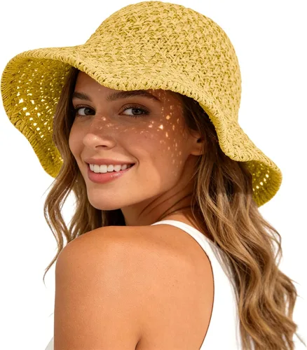 Vista 11 de Sombrero de playa para mujer, sombrero de paja para verano, protección UV, plegable, transpirable, estilo de ganchillo caqui (1pack-khaki)