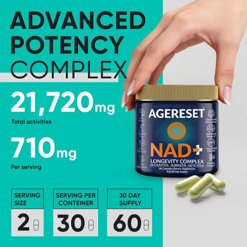 Vista 2 de AGERESET NAD Suplemento NMN Alternativo Liposomal + Gotu Kola para Mujeres y Hombres con Resveratrol, Quercetina, Gotu Kola
