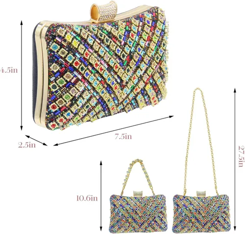 Vista 6 de Bolso de mano de noche con diamantes de imitación brillantes, bolso de hombro de cristal para mujer, fiesta, graduación, boda, caja de regalo